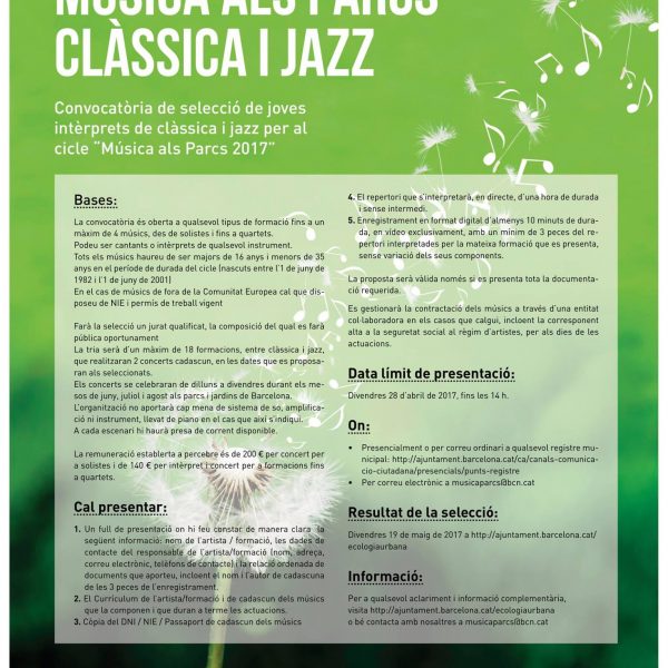 Convocatòria oberta Música als Parcs 2017 per a joves intèrprets de clàssica i jazz