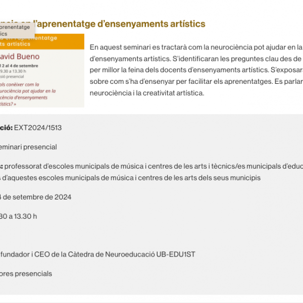 La Diputació de Barcelona organitza el curs “La neurociència en l’aprenentatge d’ensenyaments artístics” amb el David Bueno del 2 al 4 de setembre